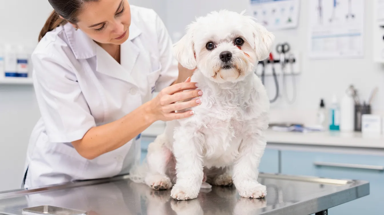 A veterinarian is gently examining a small fluffy white dog on an examination table, focusing on the dog's rear end to check for any signs of anal gland issues or discomfort. The dog's health and well-being are being prioritized, as the vet looks for symptoms like scooting behavior or skin irritation that could indicate underlying problems.