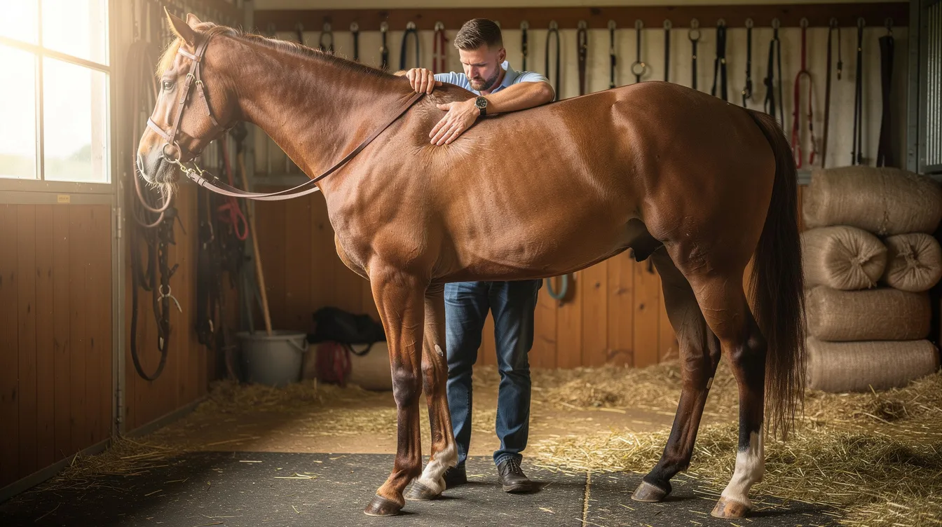 A handler is grooming a horse while checking the back area for any signs of discomfort, which may indicate issues such as kissing spines or overriding dorsal spinous processes. This careful examination is crucial for horse owners to ensure the horse's comfort and prevent potential back pain or performance issues.
