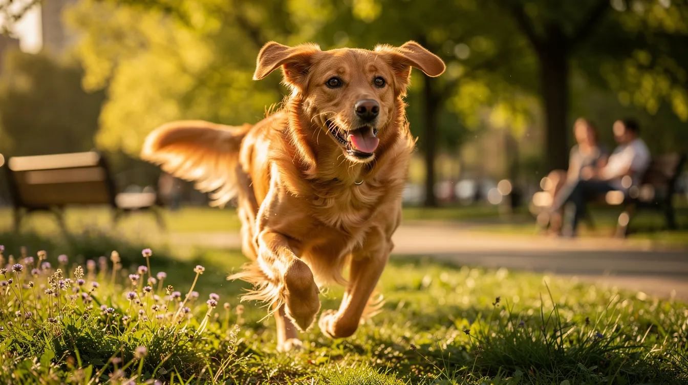 A joyful golden retriever is running energetically through a sunny park, its fur glistening in the sunlight. The dog's happy demeanor contrasts with the common concern of pet owners regarding issues like scooting behavior, which can indicate discomfort related to anal gland problems or other health concerns.