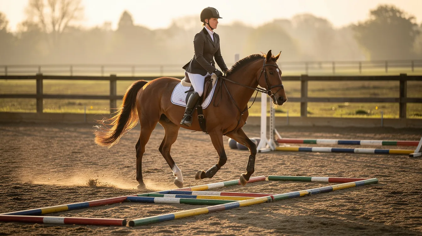 A horse is gracefully performing a pole work exercise in an arena, showcasing its balanced movements and core muscles. This controlled exercise can help strengthen the horse's back and abdominal muscles, which is essential for preventing issues like kissing spines and ensuring the horse's comfort during training.