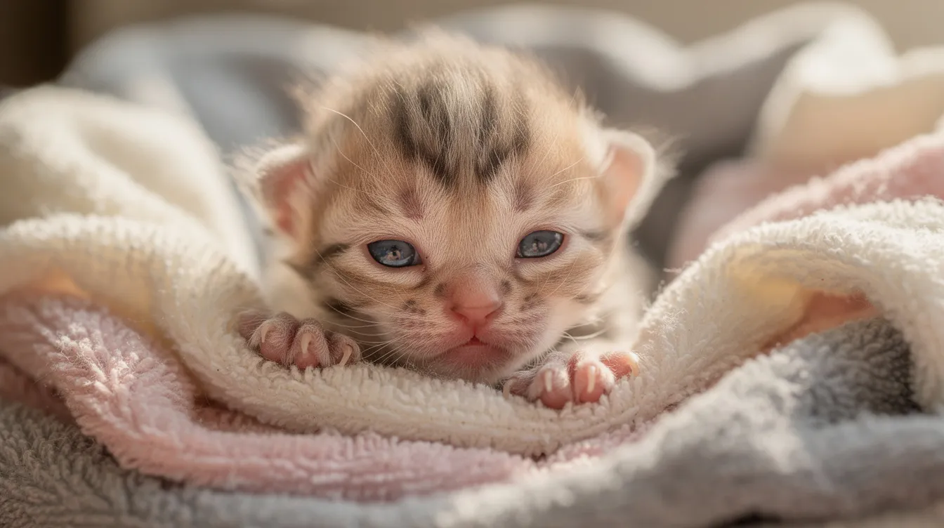 A tiny, very young orphaned kitten with its eyes just opening is nestled among soft blankets, radiating warmth and vulnerability. This adorable scene captures the essence of neonatal kitten care, as the kitten begins to explore its surroundings in a cozy and safe environment.