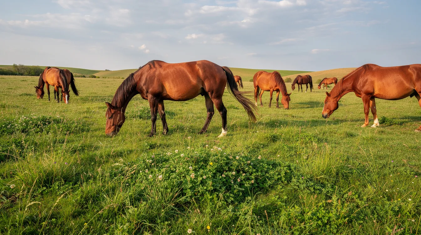 A serene countryside scene captures several horses grazing on a lush mixed grass-legume pasture, enjoying their diet of high-quality forage. This healthy horse environment provides essential nutrients and sufficient quantities of dietary fiber, supporting their overall health and energy needs.
