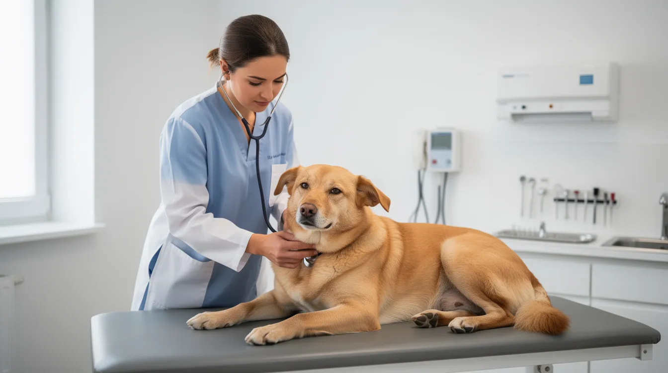 A veterinarian is gently examining a relaxed dog in a clinic room, ensuring the pet's health and checking for any signs of neurological disorders, such as seizures in dogs. The atmosphere is calm, reflecting the importance of regular check-ups for conditions like idiopathic epilepsy and seizure control.