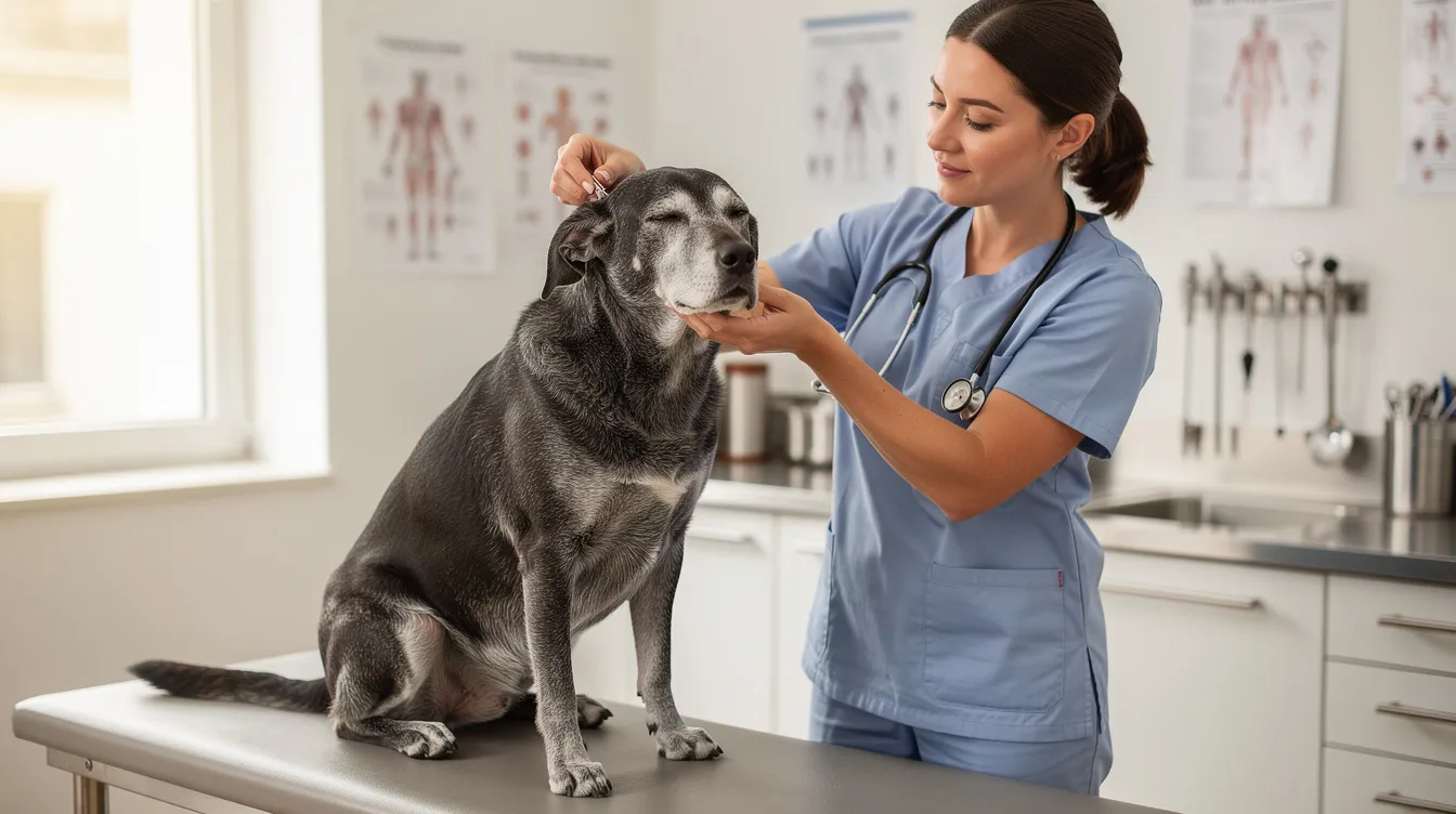 A veterinarian is gently examining a calm senior dog in a clinic room, focusing on assessing the dog's kidney function and overall health. The scene highlights the importance of early diagnosis and treatment plans for chronic kidney disease in older dogs, ensuring their quality of life.