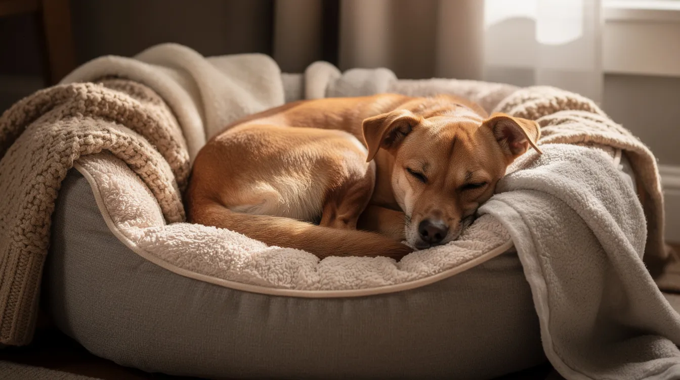 A female dog is peacefully resting in a cozy bed, surrounded by soft blankets, displaying signs of a phantom pregnancy, such as swollen mammary glands and a nurturing demeanor towards her soft toys. This behavior often occurs in unspayed female dogs due to hormonal changes, leading to symptoms like milk production and mothering instincts.