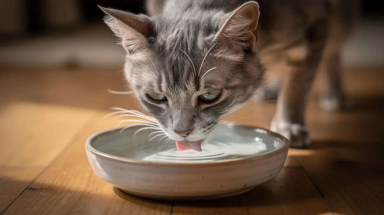 A senior cat is seen drinking from a water bowl, highlighting the importance of hydration, especially for those with chronic kidney disease. Proper hydration can help manage kidney function and support the overall health of geriatric cats.
