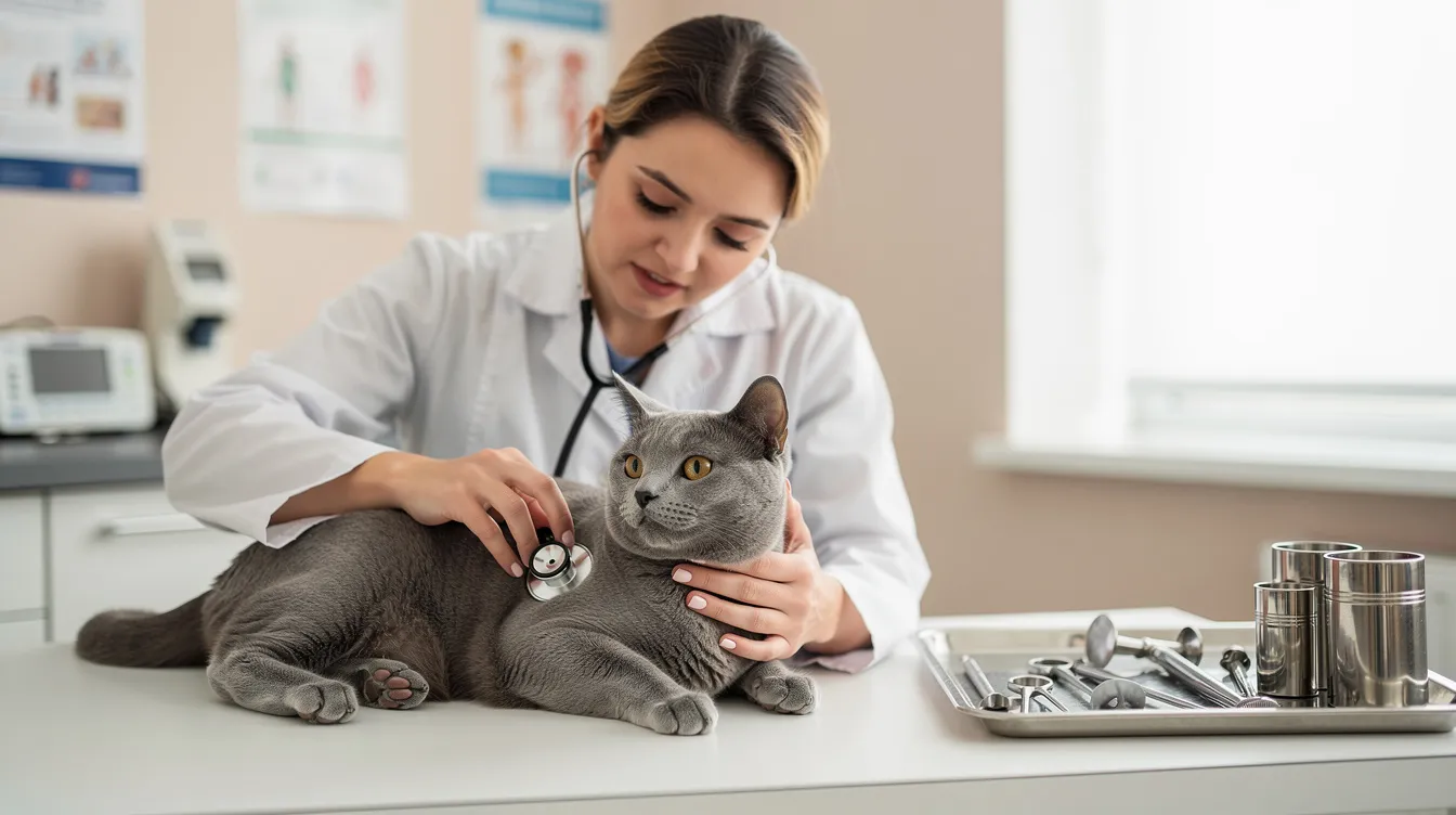 A veterinarian is gently examining a calm cat on a clinic table, checking for signs of kidney disease and assessing the cat's health. This examination is crucial for early diagnosis and treatment of conditions such as chronic kidney failure or acute kidney injury, which can significantly impact the cat's longevity.