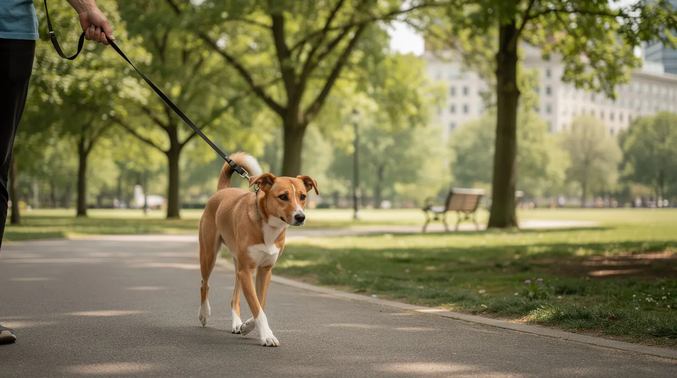 A calm dog is walking on a leash in a quiet park, enjoying a peaceful outing. This scene highlights the importance of managing health conditions like idiopathic epilepsy in dogs, ensuring they can lead normal lives despite potential challenges such as seizures.