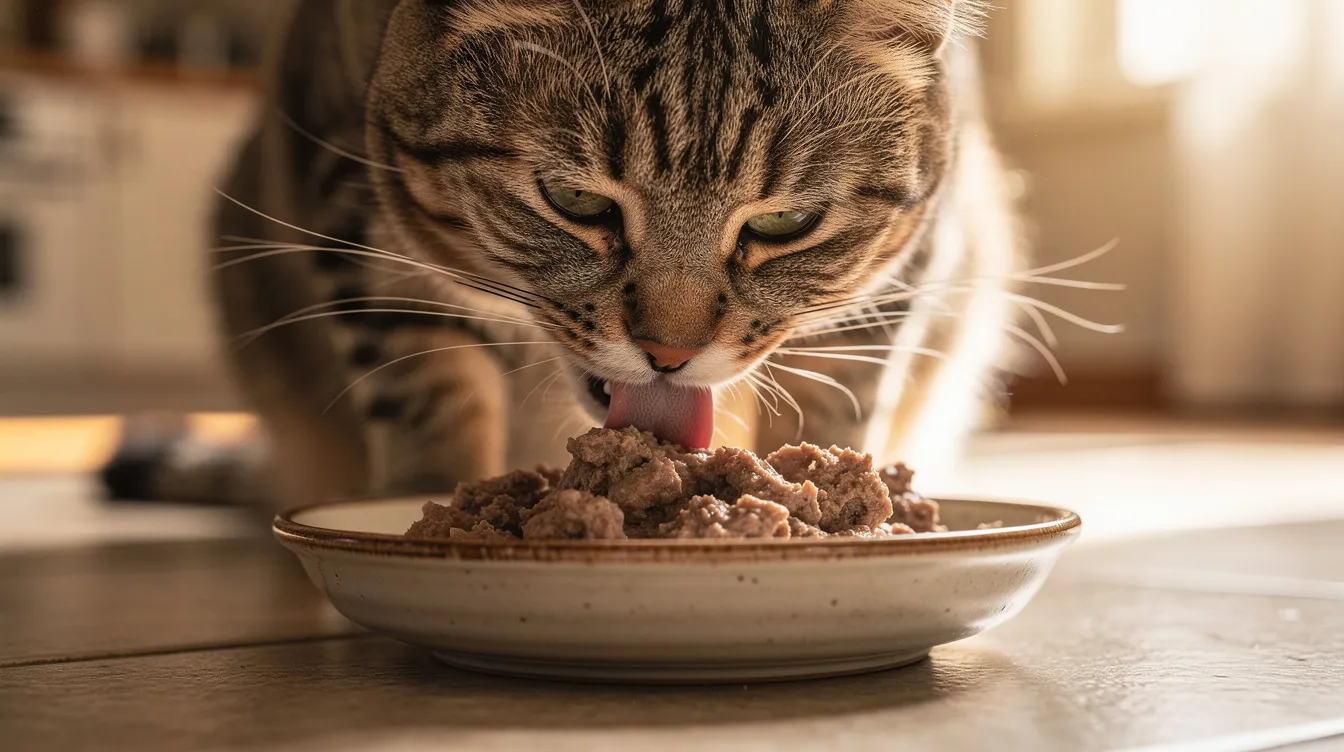 A cat is happily eating canned food from a shallow bowl, showcasing its healthy appetite. This scene highlights the importance of proper diet in managing kidney function and preventing issues like chronic kidney disease in cats.