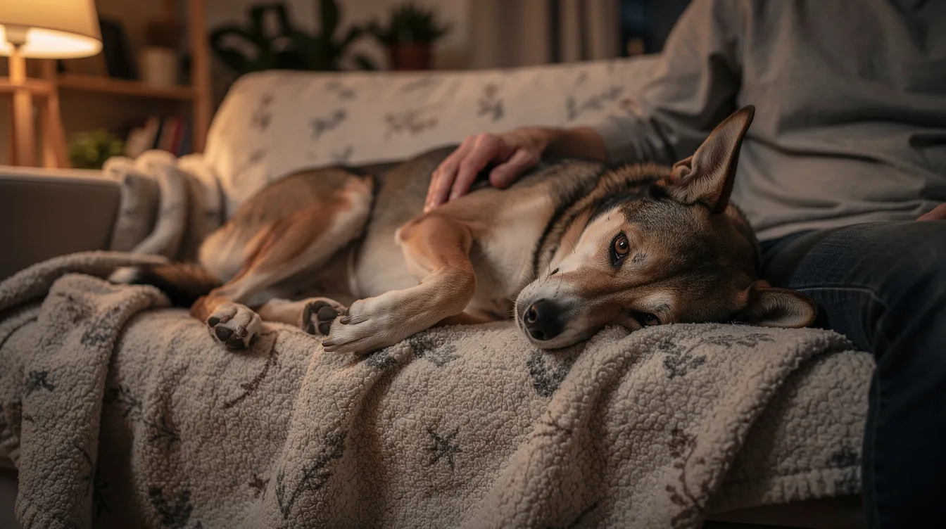 A calm dog, possibly a Bernese Mountain Dog, is resting peacefully on a soft blanket next to its owner, embodying a sense of tranquility amidst the understanding of potential health challenges like idiopathic epilepsy or seizures in dogs. The scene reflects a comforting bond, highlighting the importance of managing seizures and maintaining a good quality of life for dogs with neurological disorders.