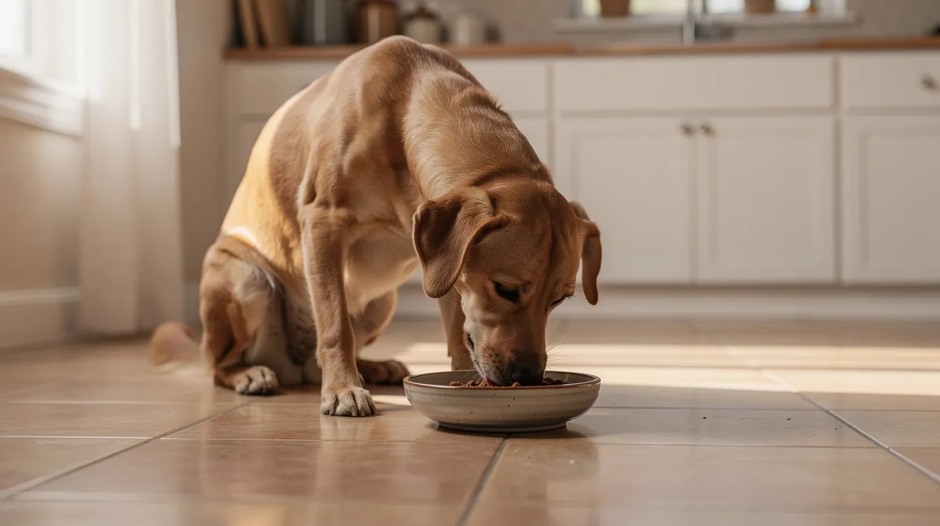 A calm kitchen setting features a dog happily eating from its bowl, embodying a moment of comfort and care. This scene reflects the importance of maintaining a dog's health, especially for those diagnosed with kidney disease, as proper nutrition can support kidney function and overall quality of life.