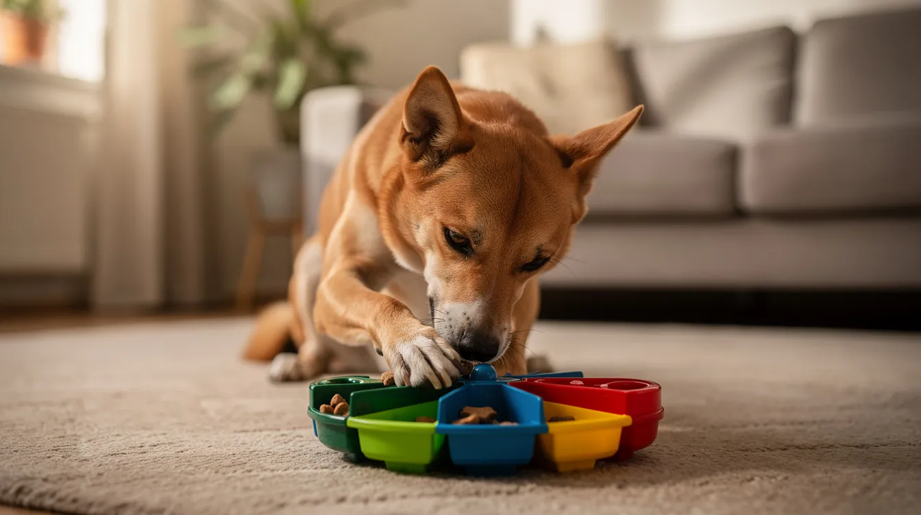 A female dog is happily engaging with a puzzle feeder toy, using her paws and nose to solve the challenge for mental stimulation. This playful behavior can be a form of mothering, similar to what might occur during a false pregnancy in dogs, where hormonal changes lead to behaviors like nesting and milk production.