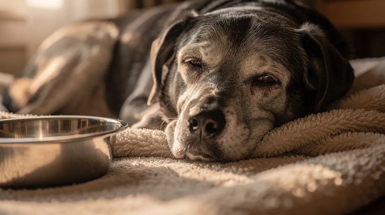An older dog is resting comfortably on a soft blanket next to a water bowl, showcasing a peaceful moment that reflects the challenges of managing kidney disease in dogs. This serene scene highlights the importance of understanding kidney failure and its impact on a dog's quality of life.