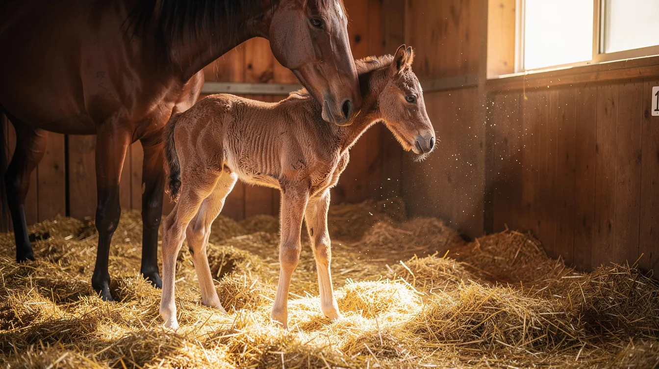 A newborn foal stands beside its mare in a clean straw stall, ready to begin its journey of growth and development. The foal will benefit from its mother's milk, which provides essential nutrients for steady growth and proper nutrition in its early weeks of life.