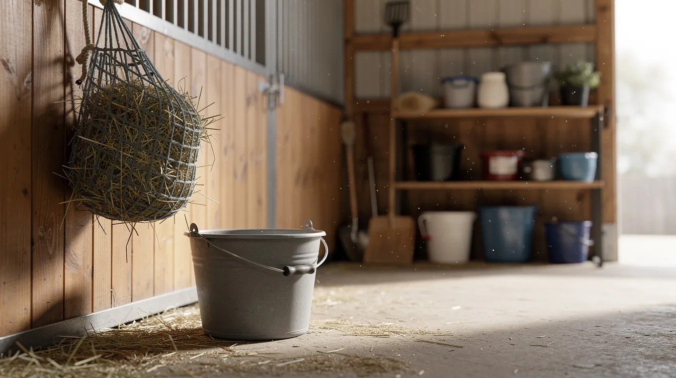 The image shows a clean feed bucket and a hay net neatly arranged in an organized stable feeding area, designed for horse owners to easily provide good quality feed and hay to their horses. This setup ensures that adult horses have free access to their dietary needs, promoting overall health and proper nutrition.