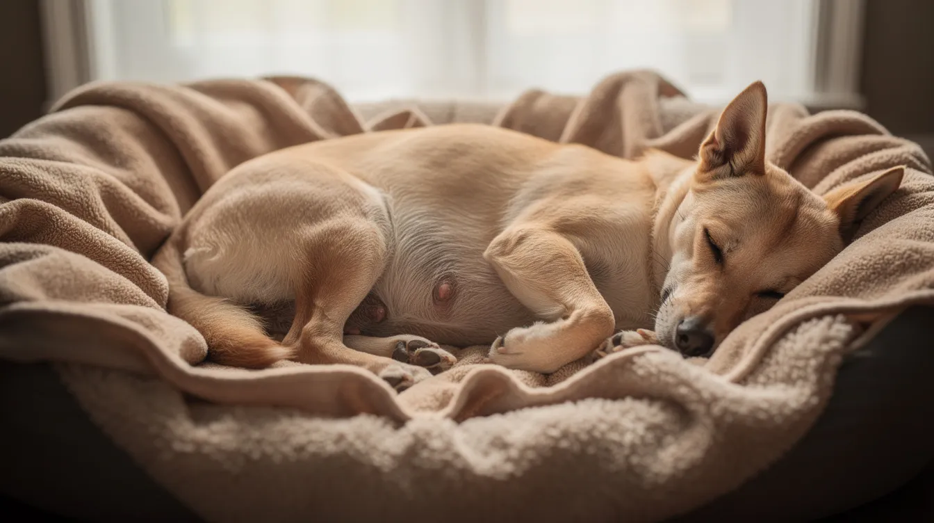 A pregnant dog is resting comfortably in a cozy nesting area filled with soft blankets, displaying signs of a healthy pregnancy as she prepares for the arrival of her developing puppies. Her body shows signs of weight gain and abdominal swelling typical in the early stages of dog pregnancy.