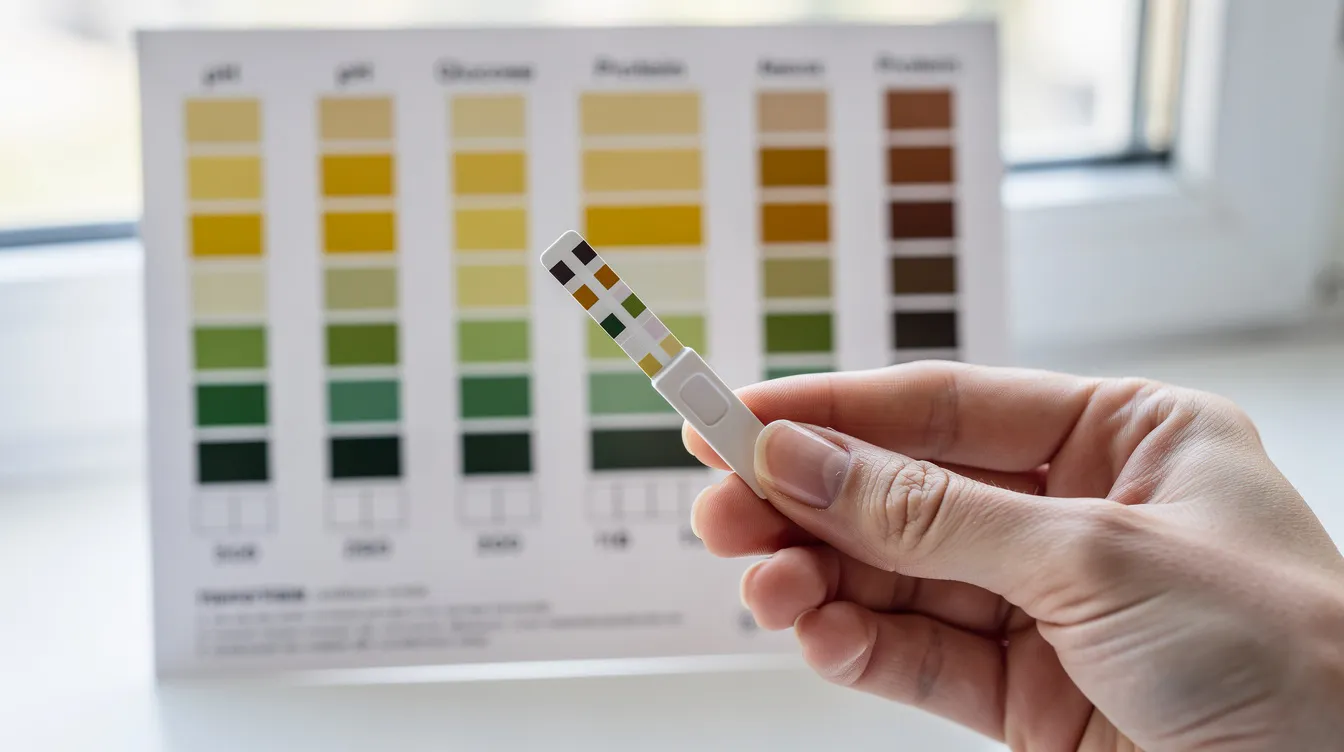 A person's hand is holding a urine test strip close to a printed color reference chart, illuminated by bright natural light. This image illustrates the process of evaluating pet urine testing results, which can help detect health issues in dogs and cats through accurate testing of various urinalysis parameters.