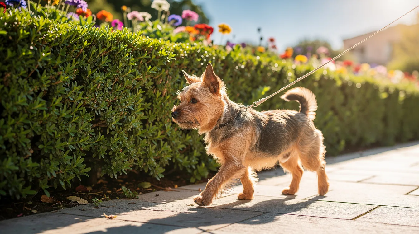 A small terrier on a leash is walking past a lush garden hedge under the warm sun, enjoying a leisurely stroll. As curious creatures, dogs can encounter bee or wasp stings, so it's important to keep a close eye on your furry friend for any signs of allergic reactions during outdoor activities.