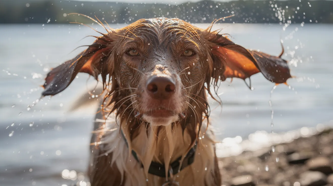 A wet spaniel dog is vigorously shaking its head after swimming, droplets of water flying off its floppy ears. This behavior can help remove trapped water, which is important for preventing ear infections and discomfort in the dog's ear canal.