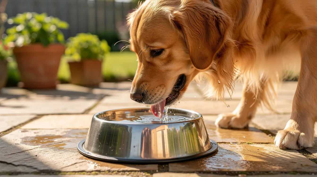 A golden retriever is happily drinking water from a shiny stainless steel bowl on a sunlit patio, showcasing a moment of hydration for the furry friend. This image highlights the importance of maintaining a pet's health, particularly in relation to hydration levels and overall well-being.