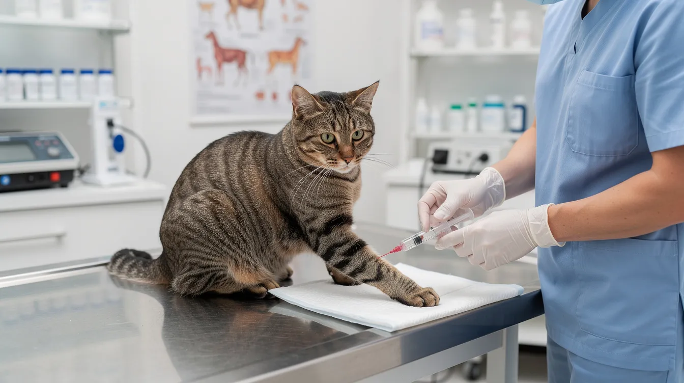 The image shows a cat at a veterinary clinic having blood drawn, with a technician carefully collecting a sample to assess the cat's red blood cells and overall health. This procedure is crucial for diagnosing conditions like anemia in cats, which can lead to weakness and lethargy if not treated properly.