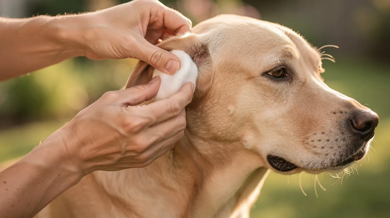 A close-up image shows a person gently cleaning a dog's ear with a cotton ball outdoors, highlighting the dog's floppy ear flap and the careful attention to the outer ear canal. This act is important for preventing ear infections, especially after swimming, as moisture can create a perfect environment for bacteria and yeast to thrive.