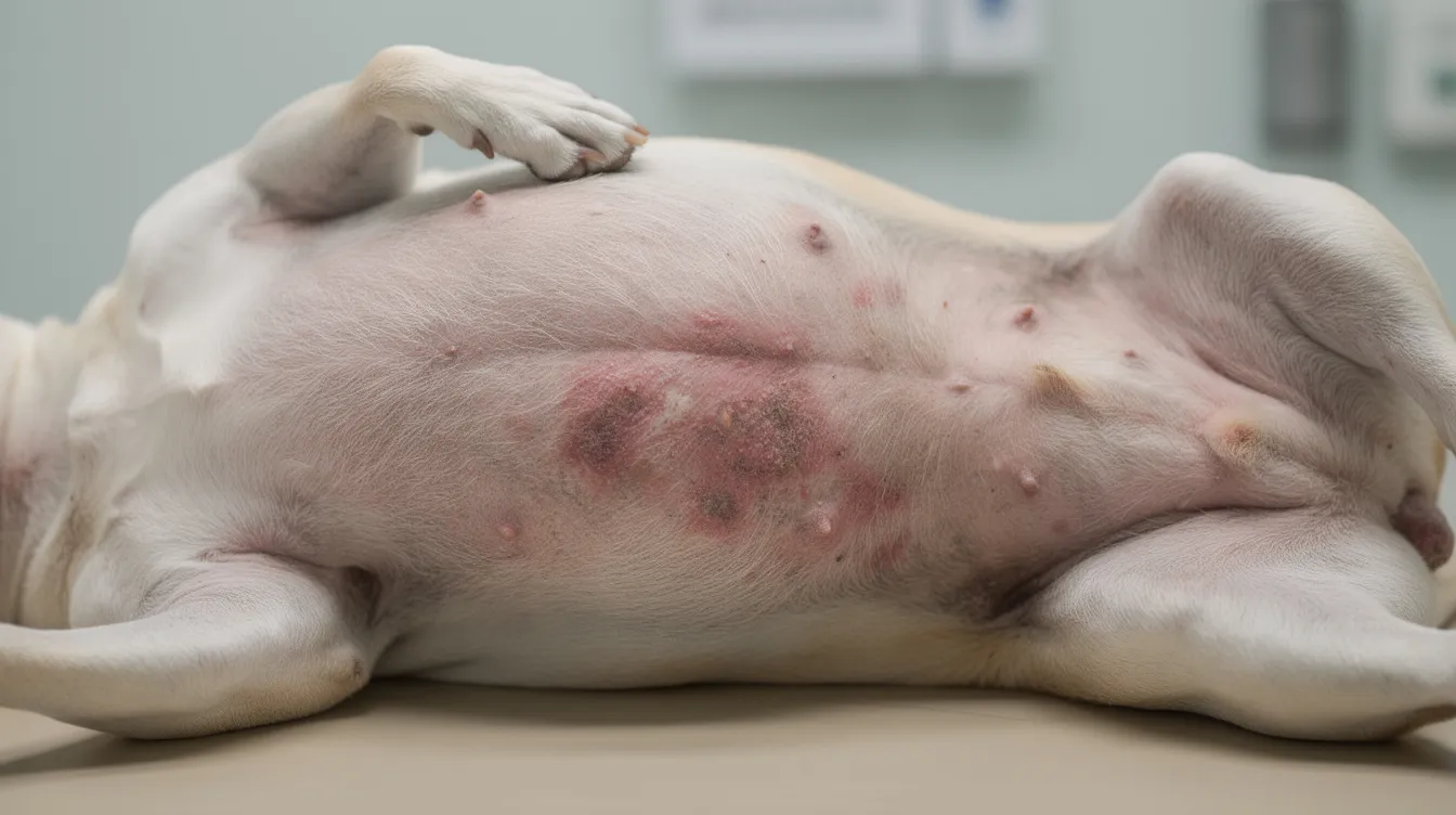 A close-up image of a dog lying on its back reveals mild redness and irritation on its belly skin, indicating potential skin conditions or skin irritation. This visual could be useful for pet owners seeking insights into possible skin diseases and the need for a treatment plan.