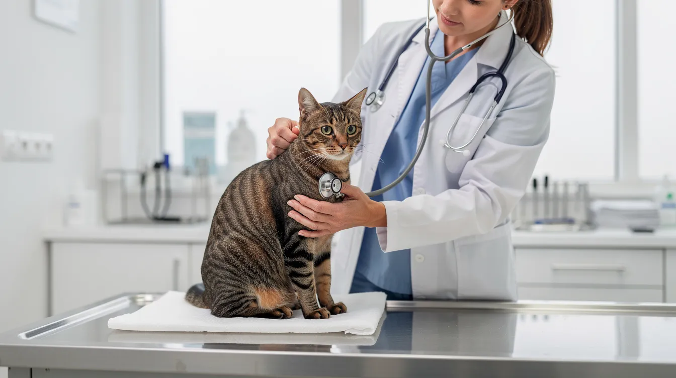 A veterinarian examines a cat in a bright clinical setting, utilizing advanced veterinary medicine techniques. The scene highlights the integration of technology and human intelligence in veterinary practice, showcasing the importance of accurate diagnostics and patient care in animal health.