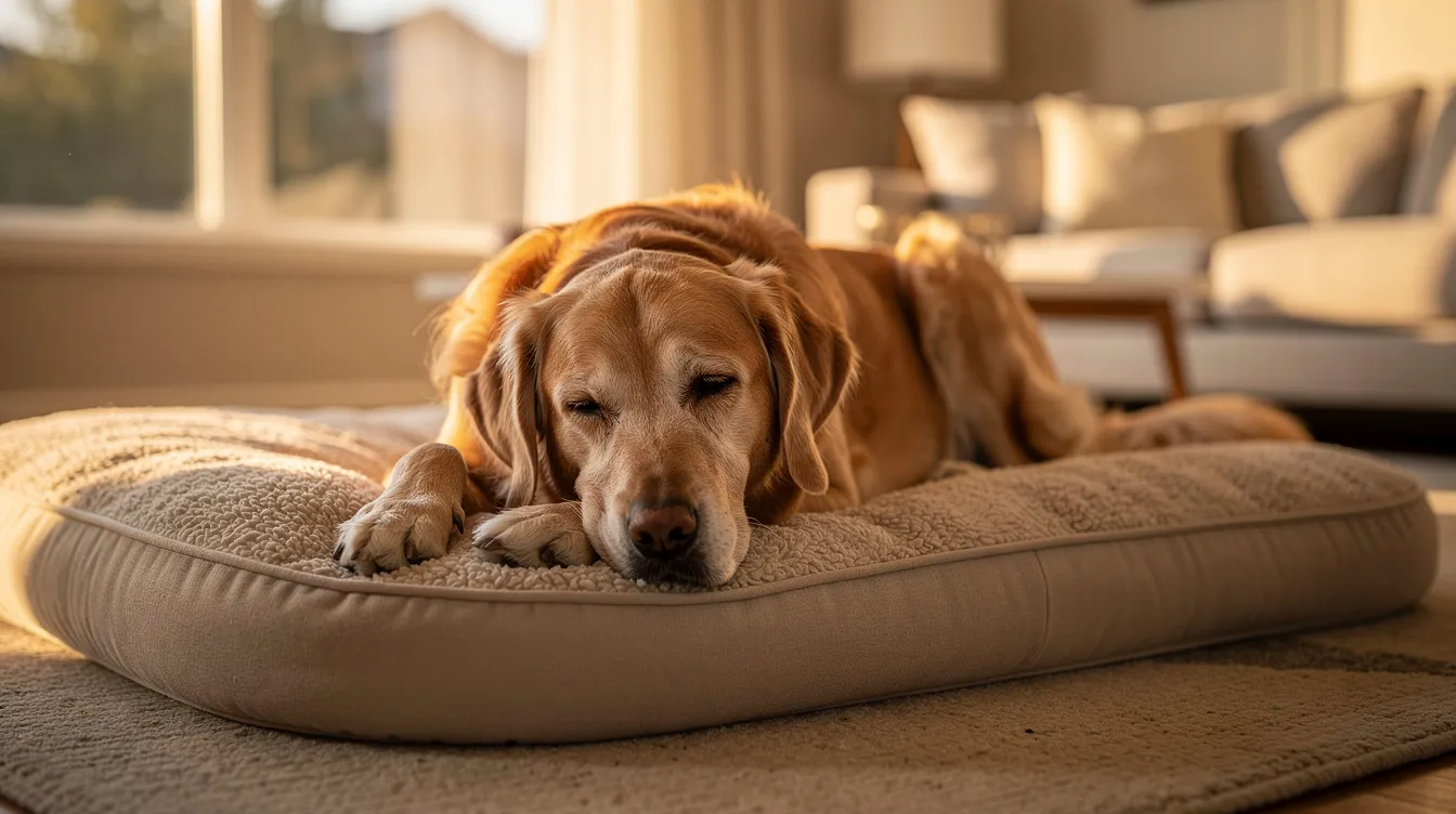 A senior golden retriever is resting comfortably on a soft orthopedic bed, bathed in warm natural light from a nearby living room window. This serene scene highlights the importance of palliative care for senior dogs, ensuring their comfort and quality of life during their golden years.