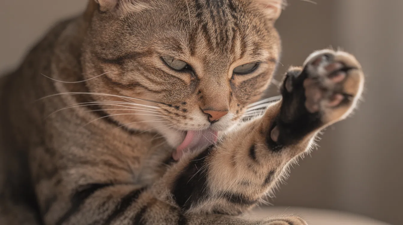 A close-up photograph captures a tabby cat meticulously grooming its front paw, showcasing its focused expression and the soft texture of its fur. This grooming behavior can sometimes mask signs of pain in cats, as they may excessively groom to cope with discomfort or underlying conditions.