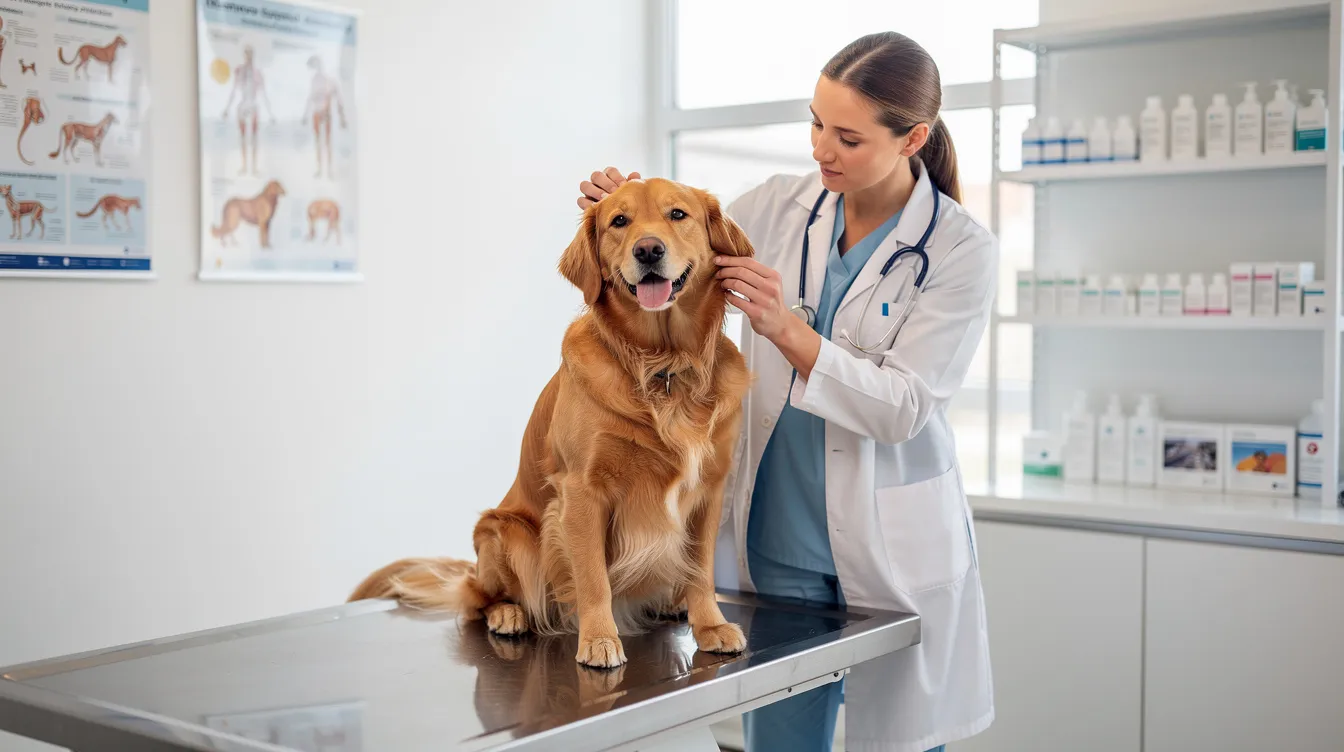 A veterinarian is gently examining a golden retriever on an examination table in a modern clinic, showcasing the importance of patient care in veterinary medicine. The use of electronic medical records and AI tools helps veterinarians analyze diagnostic images and improve health outcomes for individual patients.