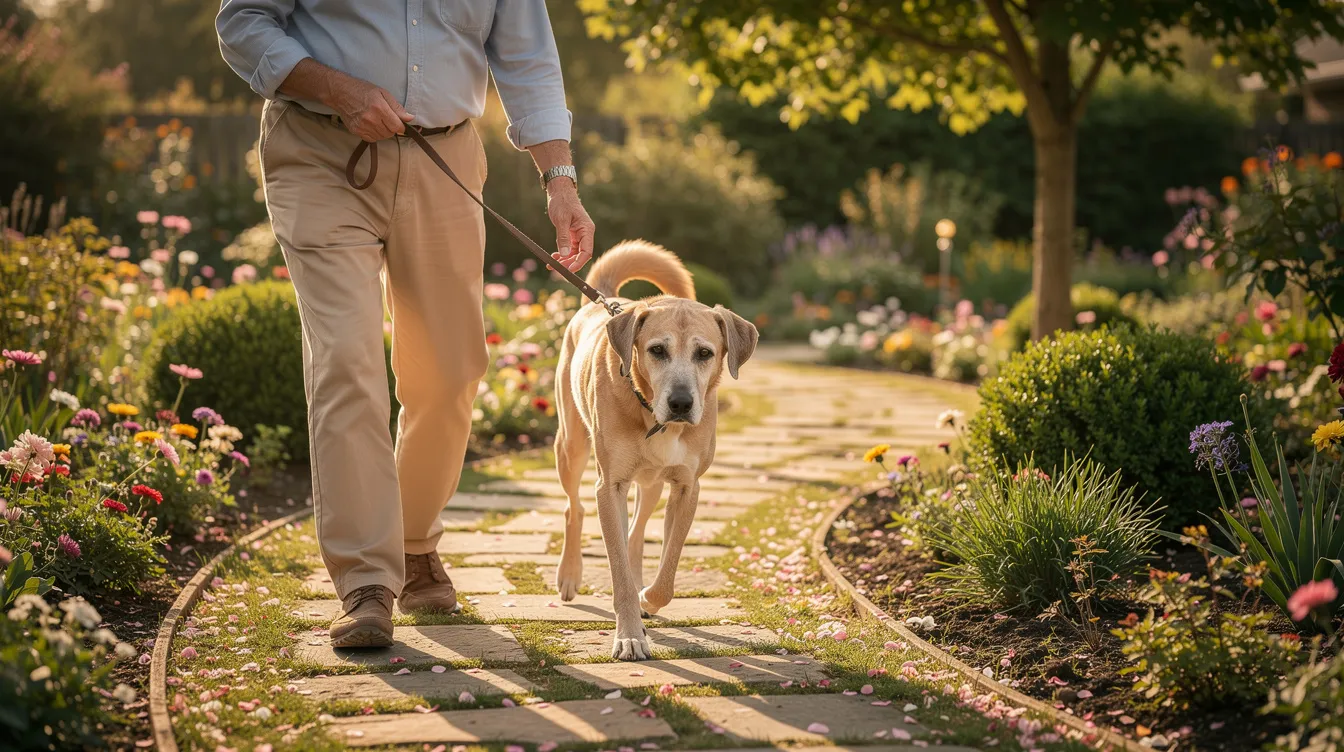 A senior dog walks slowly along a garden path with its owner on a sunny afternoon, showcasing the bond between pet parents and their furry companions during their golden years. This scene highlights the importance of palliative care, ensuring the pet's quality of life as they enjoy their daily activities amidst the challenges of aging.