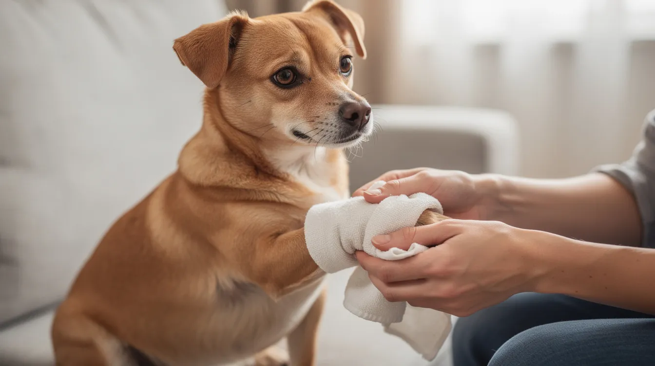 A person is gently holding a cold pack wrapped in a clean tea towel against a small dog's paw, likely to reduce swelling and discomfort after the dog has been stung by a bee or wasp. This first aid measure is important to alleviate localised pain and prevent serious reactions, such as an allergic reaction or difficulty breathing, which may require veterinary attention.