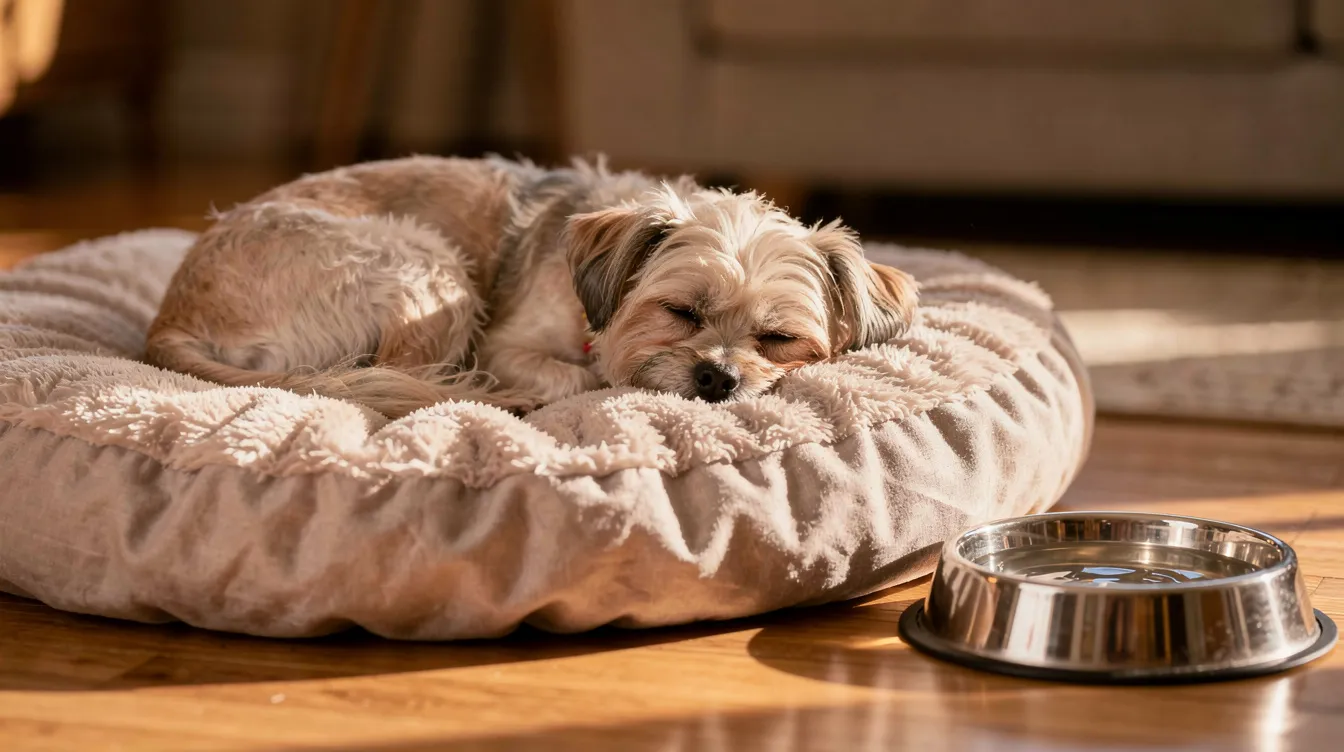 A small dog is resting comfortably on a soft bed, with a water bowl nearby, displaying signs of calmness. Pet parents should observe for any unusual symptoms, such as warm ears or difficulty walking, which may indicate a need for prompt veterinary care.