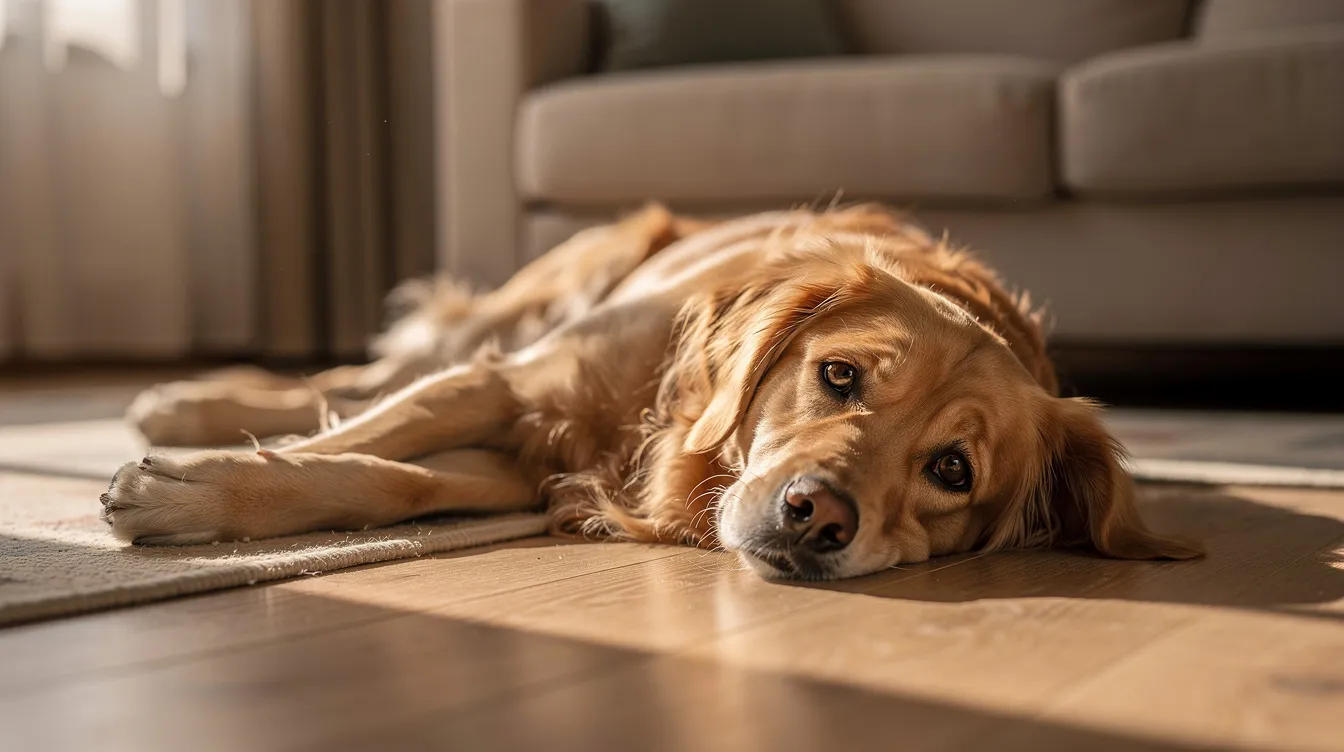 A concerned golden retriever lies on its side on the living room floor, appearing lethargic with unusually warm ears and glassy-looking eyes, indicating potential fever symptoms that may require immediate veterinary attention. The dog's difficulty walking and overall demeanor suggest a possible medical emergency that pet parents should not ignore.