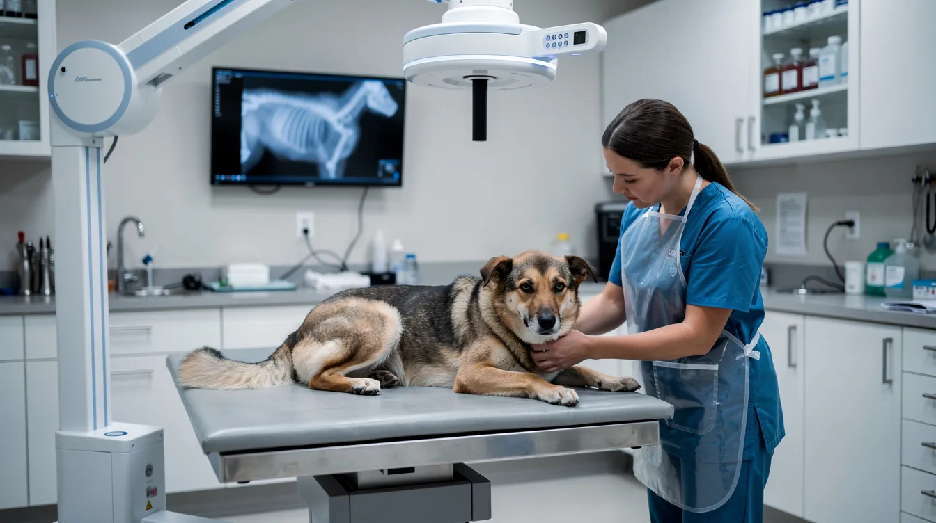 A dog is lying on an exam table as veterinarians prepare to perform a veterinary X-ray procedure, utilizing advanced technology and artificial intelligence tools to enhance diagnostic results and patient care. The scene highlights the importance of veterinary medicine in ensuring animal health and accurate treatment planning.