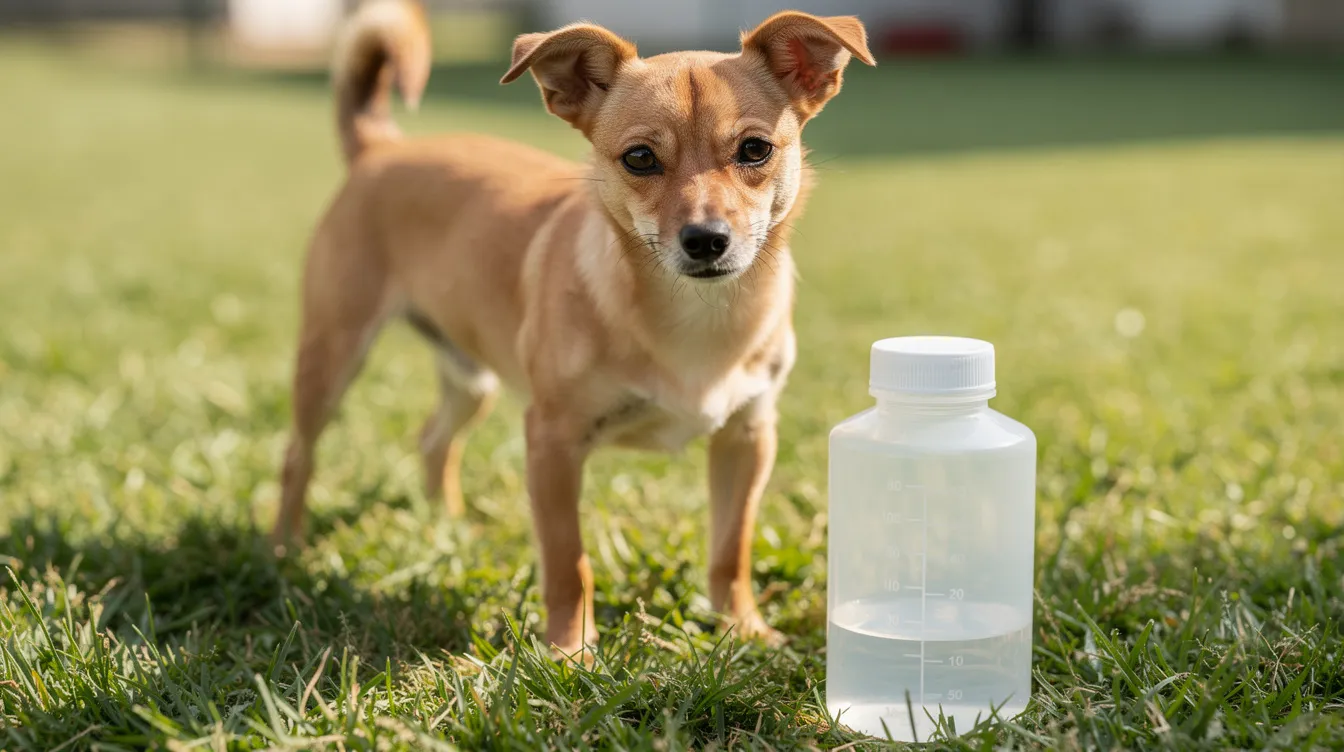 A small dog stands on green grass beside a clean collection container intended for a urine sample, ready for accurate testing of its health. The scene emphasizes the importance of pet urine testing for monitoring the dog's health and detecting potential issues.