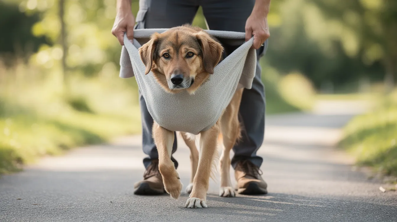 A medium-sized dog is being supported by its owner using a towel sling under its belly while walking outside, indicating potential trouble walking. The dog's elevated body temperature and warm ears suggest it may need immediate veterinary attention for possible fever symptoms or other health issues.