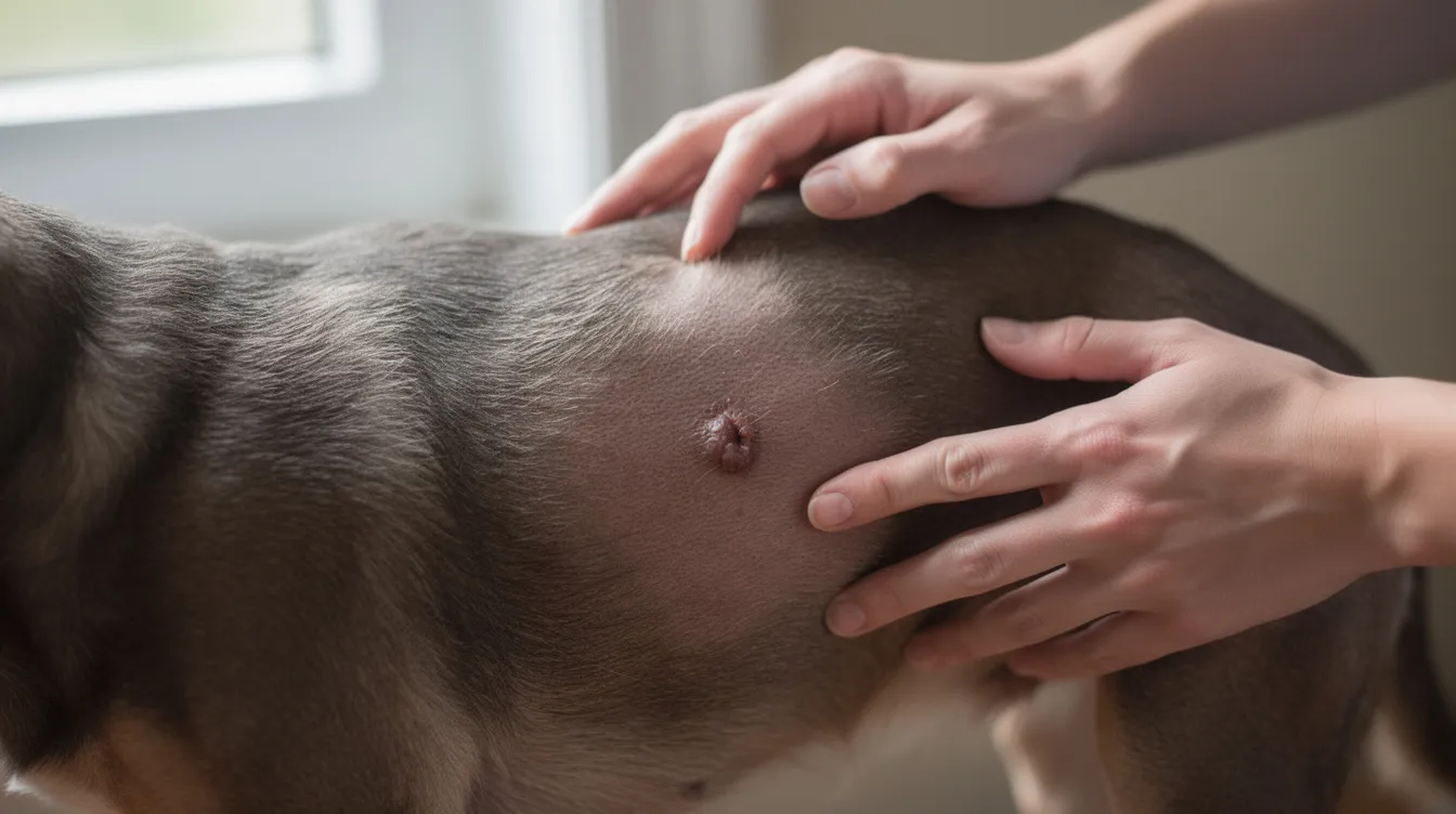 A pet owner is gently parting their dog's fur to capture a clear photo of a skin lesion in natural light, highlighting the affected area for potential analysis of skin diseases and conditions. This image serves as a valuable reference for veterinary dermatology, aiding in the diagnosis and treatment of skin concerns such as skin irritation or infections.