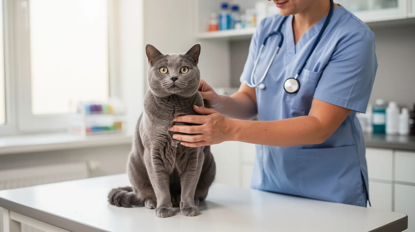 A veterinarian is gently examining a cat on an exam table, checking for signs of anemia and assessing the cat's red blood cell count to ensure it has enough healthy red blood cells for proper oxygen circulation. The vet's careful attention highlights the importance of diagnosing any underlying conditions affecting the cat's health.