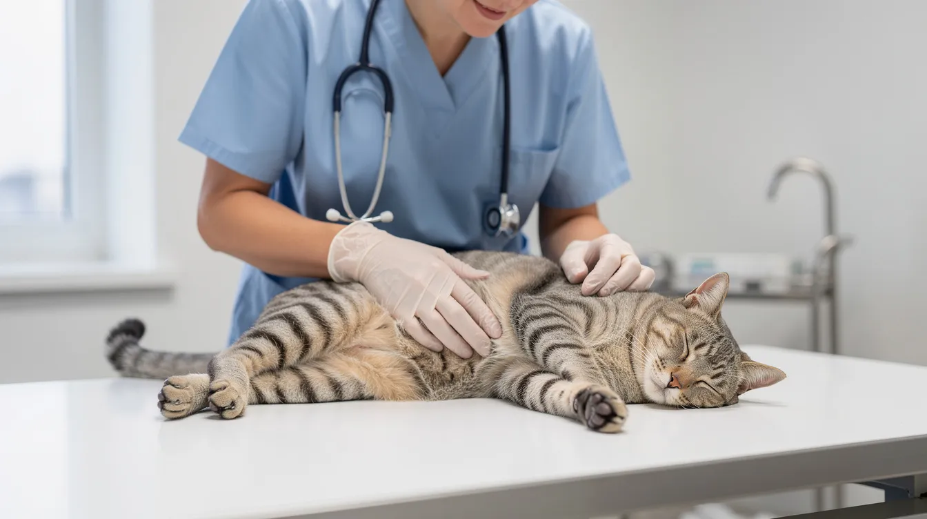 A veterinarian is gently examining a relaxed cat lying on its side on an examination table, assessing its kidney function and overall well-being. This examination is crucial for detecting early signs of kidney disease, especially in senior cats, to ensure a good quality of life.