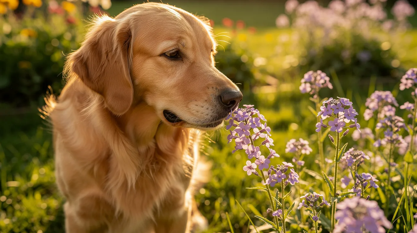 A golden retriever is curiously sniffing vibrant purple wildflowers in a sunny garden, surrounded by lush greenery. As your furry friend explores flowering plants, be mindful of potential dangers like bee or wasp stings, which may cause symptoms such as localized pain or swelling.