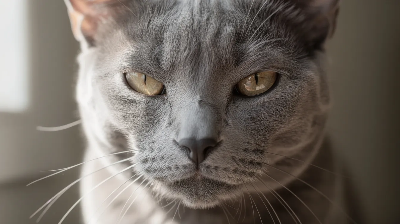 A close-up of a grey cat's face reveals slightly narrowed eyes and ears turned sideways, suggesting potential discomfort or pain. This facial expression may indicate signs of pain in cats, which can be subtle yet important for cat owners to notice, as it could relate to underlying issues such as joint pain or urinary tract infections.