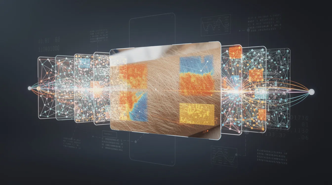 An abstract visualization of a neural network illustrates the processing of a dog's skin image, highlighting areas where pattern recognition occurs to identify skin diseases and conditions. This representation demonstrates the use of AI in medical image analysis, aiding in the diagnosis and treatment of skin concerns such as rashes, infections, and skin lesions.