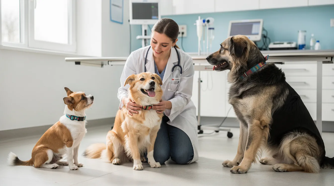 The image shows a concerned pet parent holding their dog in a veterinary clinic, where the dog appears to be experiencing symptoms such as elevated body temperature and difficulty walking. The veterinarian is preparing to conduct diagnostic tests to determine the cause of the dog's fever and provide appropriate treatment.