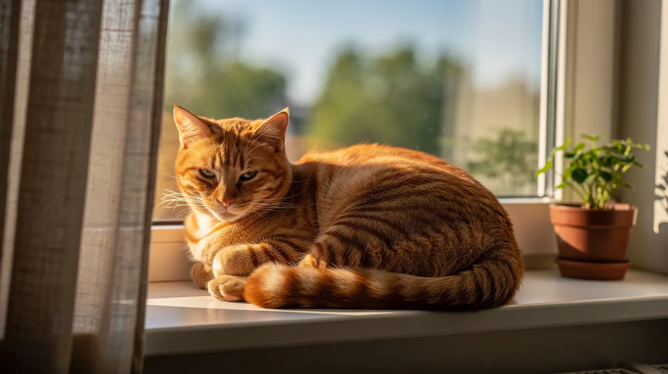 A healthy orange tabby cat is peacefully resting on a sunlit windowsill, basking in the warmth. The cat's relaxed posture and content expression suggest a state of well-being, indicative of a healthy metabolism and adequate red blood cells circulating in its body.