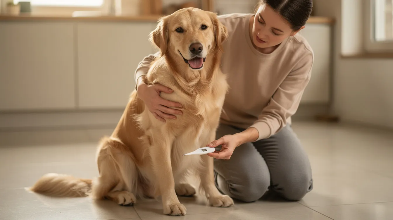 A calm golden retriever is gently held by its owner on a kitchen floor while a digital thermometer is used to check the dog's body temperature, indicating a careful observation for any signs of fever in dogs. The dog's ears are relaxed, and the owner appears attentive, ensuring the pet's health and comfort during the process.