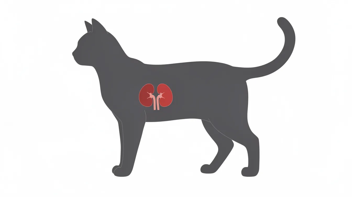 A simplified side-view silhouette of a cat highlights two bean-shaped kidneys located in the upper abdomen near the spine, illustrating their role in kidney function and overall health. This depiction emphasizes the importance of healthy kidneys in preventing chronic kidney disease and maintaining the cat's quality of life.