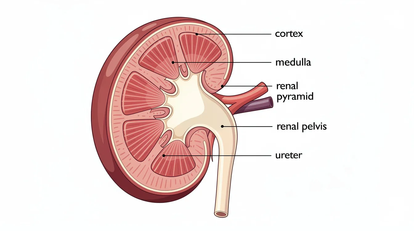 This cross-section illustration of a bean-shaped kidney highlights its key components, including the outer cortex, inner medulla, pelvis, and ureter, showcasing the kidney's essential role in filtering waste products and regulating blood pressure. Understanding kidney function is crucial for diagnosing conditions such as chronic kidney disease and ensuring the well-being of geriatric cats.