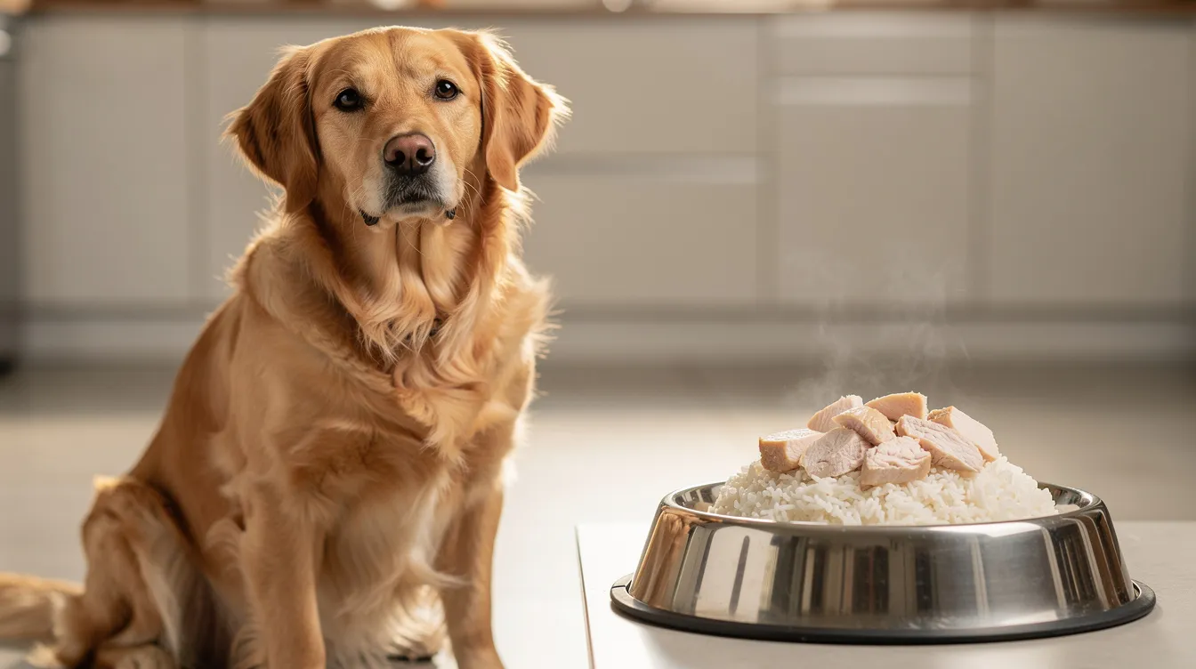 A golden retriever sits beside a stainless steel food bowl filled with plain white rice and small pieces of cooked chicken, which is suitable for a kidney support diet for dogs. This meal can help maintain the dog's kidney health, especially for those with chronic kidney disease.